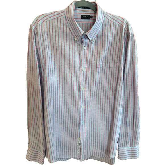 Lincs shirt David Chu DC Mens L Button Down Shirt Cotton Linen Blue Red striped - Picture 1 of 2